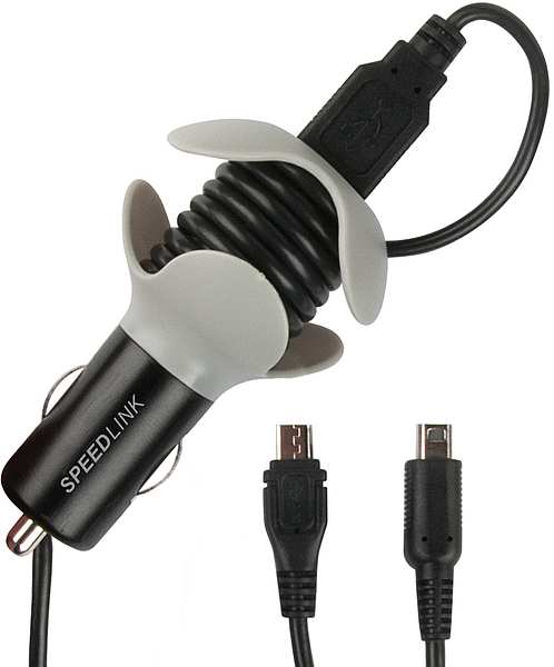 SPEEDLINK Auto-Ladegerät mit USB- und Mini-USB-Stecker sowie praktischem Kabeleinzug in Schwarz und Grau
