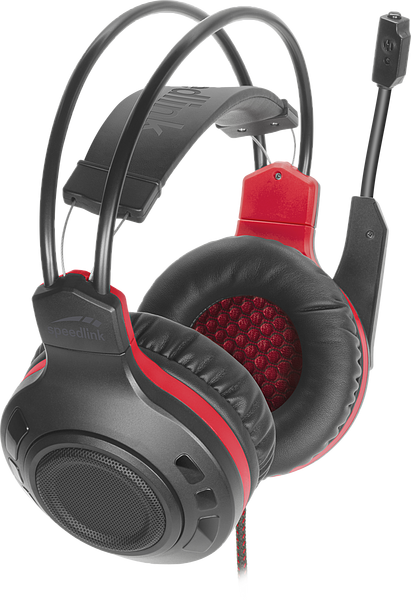 Abbildung eines schwarzen und roten Gaming-Headsets mit flexiblem Mikrofon und bequemen Ohrpolstern, ideal für PC-Spieler