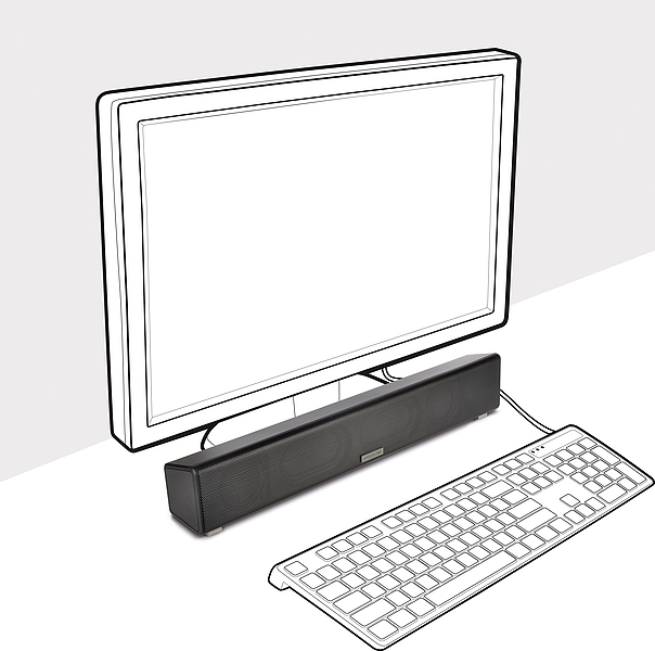 Schwarze Soundbar vor Monitor und Tastatur auf einem Schreibtisch, ideal für Computer