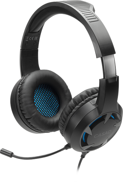 Schwarzes Gaming-Headset mit integriertem Mikrofon und blauen Akzenten, komfortable Ohrpolster