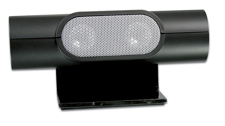 Moderne schwarze USB-Webcam mit silbernem Mesh-Design, geeignet für Videokonferenzen und Streaming