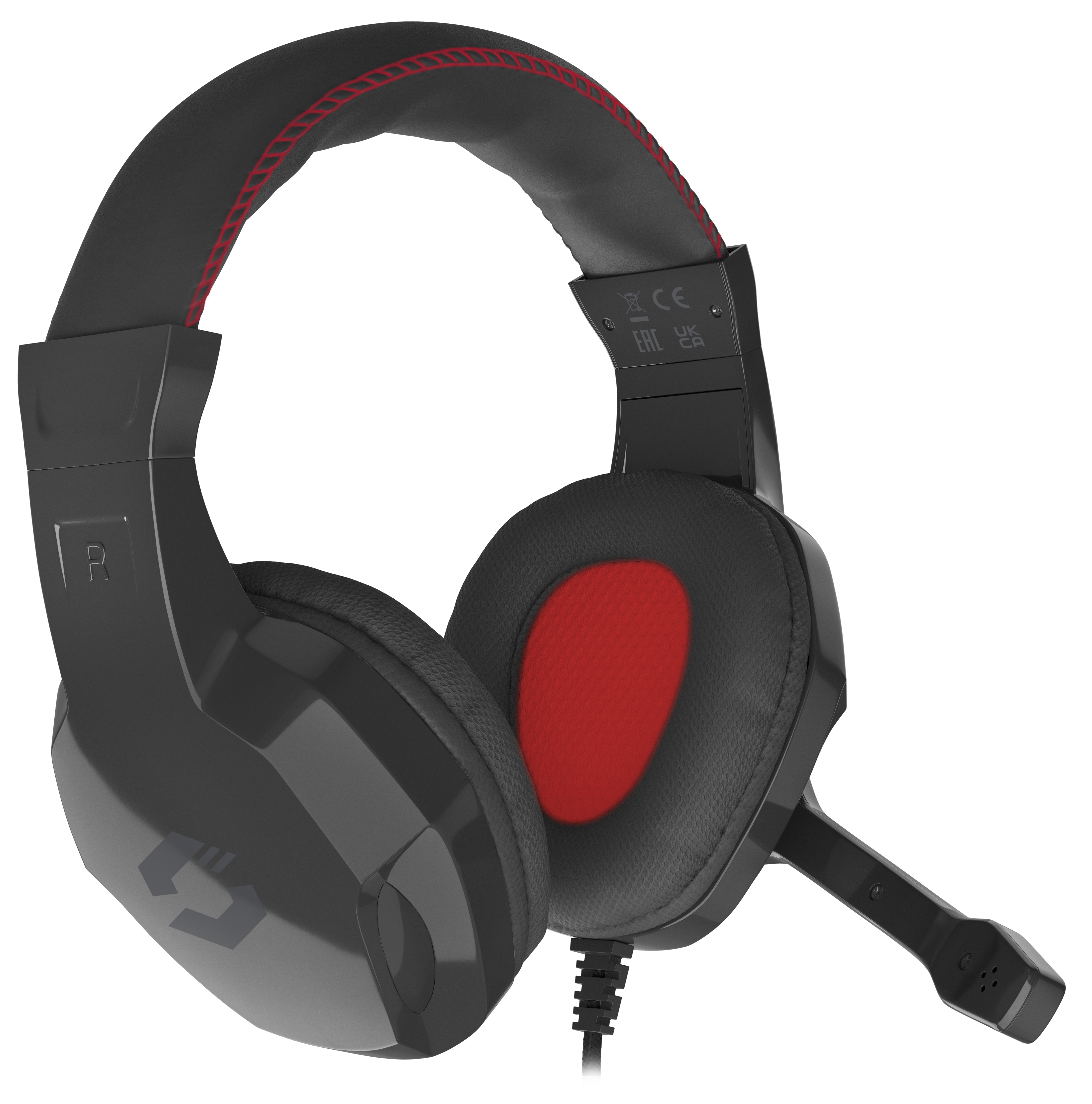 Schwarzes Gaming Headset mit rotem Innenpolster und Mikrofon, Over-Ear-Design und Kabelanschluss