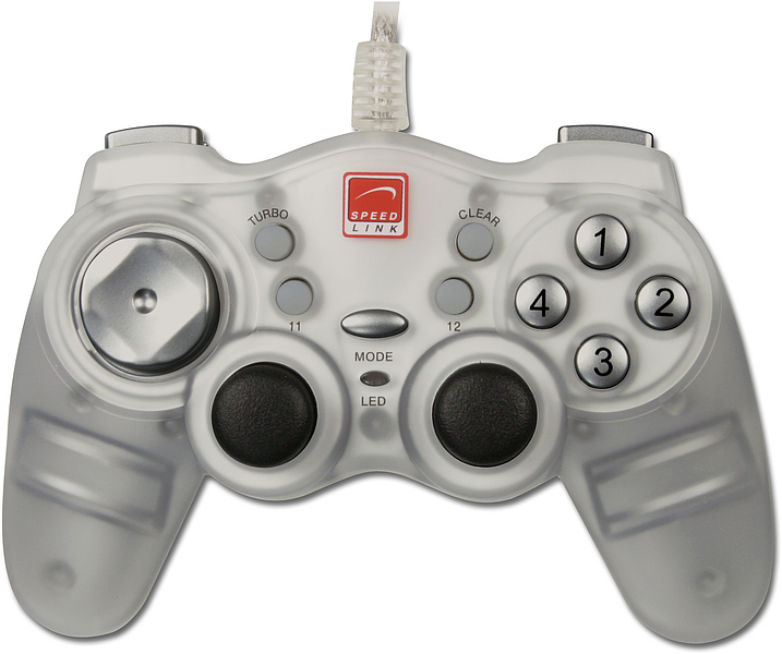 Kabelgebundenes Speedlink Gamepad in silber-grau mit 12 Tasten und zwei Analog-Sticks, geeignet für Computerspiele
