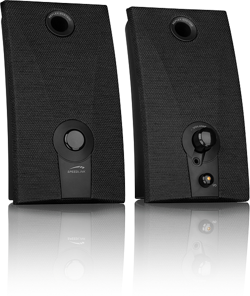Zwei schwarze Speedlink PC-Lautsprecher mit Bedienelementen und Kopfhöreranschluss, reflektierend auf weißem Untergrund