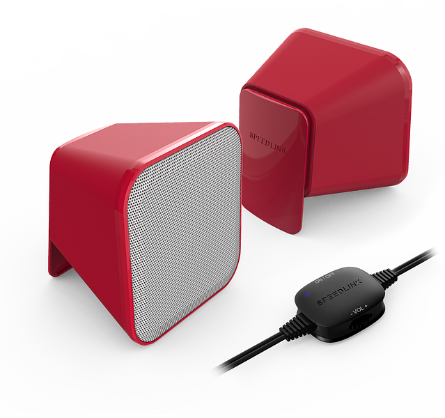 Rotes SPEEDLINK Lautsprecher-Set mit Kabel und integriertem Lautstärkeregler, ideal für PC und Multimedia