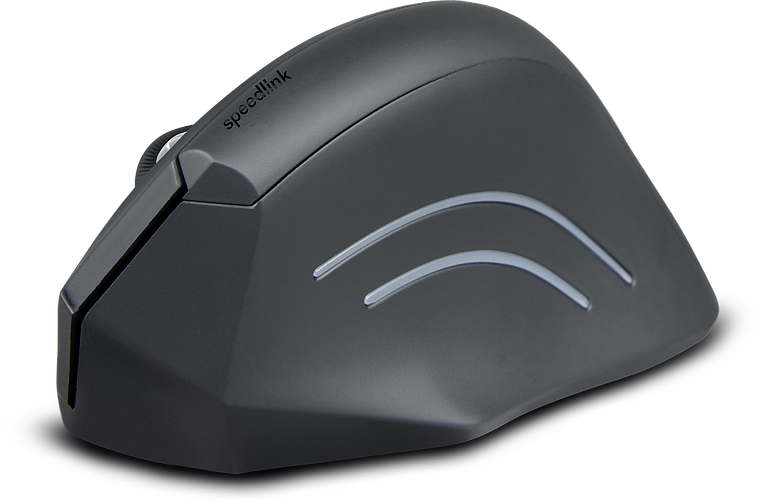 Seitliche Ansicht einer schwarzen, ergonomischen Vertikalmaus von Speedlink mit gebogenem Design