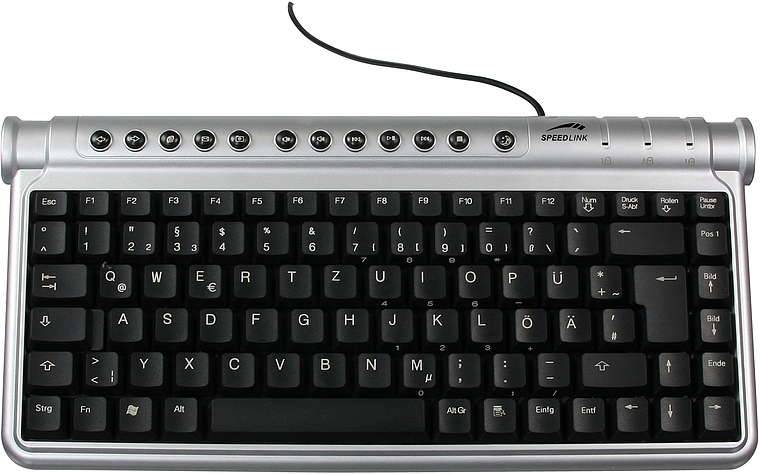 Foto einer silbernen Speedlink Multimedia-Tastatur mit deutschem QWERTZ-Layout und schwarzen Tasten
