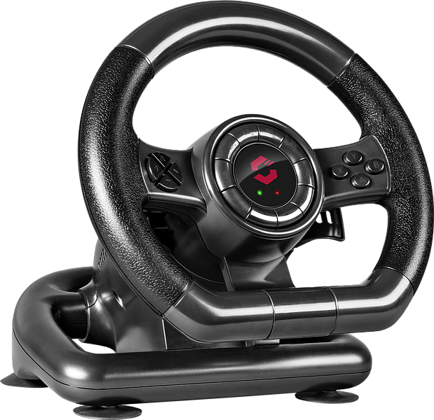 Schwarzes Gaming-Lenkrad für PC oder Konsole mit mehreren Tasten und rutschfestem Griff auf weißem Hintergrund