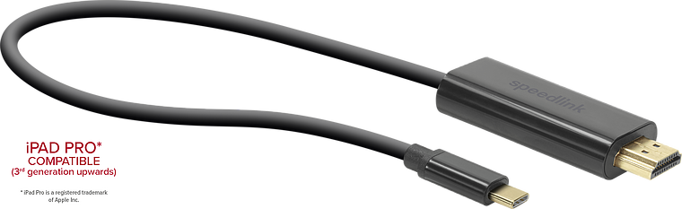 Schwarzes USB-C auf HDMI Adapterkabel von SPEEDLINK, geeignet für iPad Pro ab 3. Generation
