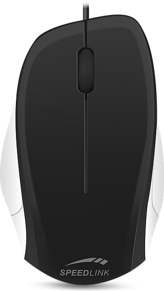 Abbildung einer schwarzen SPEEDLINK Computermaus mit Kabel und seitlichen weißen Akzenten