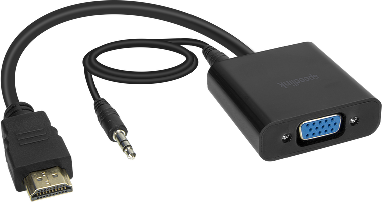 Schwarzes HDMI auf VGA Adapterkabel mit zusätzlichem 3,5 mm Audioanschluss, ideal für die Verbindung von HDMI-Geräten mit VGA-Anschlüssen