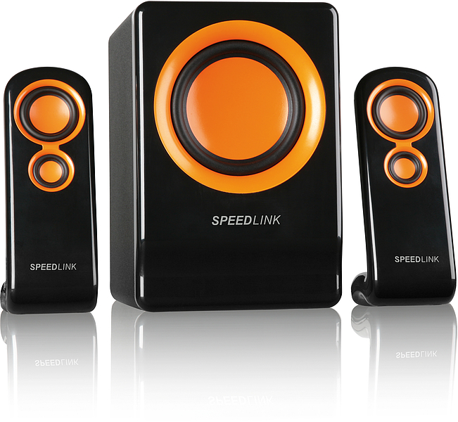 SPEEDLINK 2.1 Lautsprechersystem in Schwarz mit orangefarbenen Akzenten, bestehend aus Subwoofer und zwei Satellitenlautsprechern