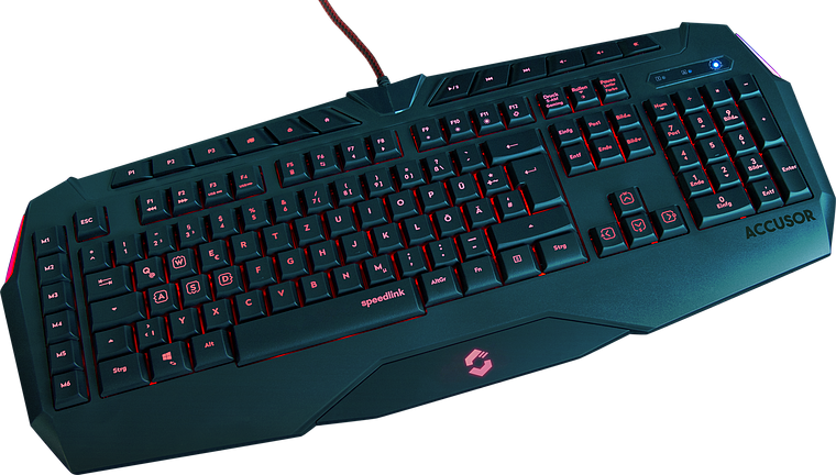 Schwarze Speedlink ACCUSOR Gaming-Tastatur mit roter LED-Hintergrundbeleuchtung und abgesetzten Tasten