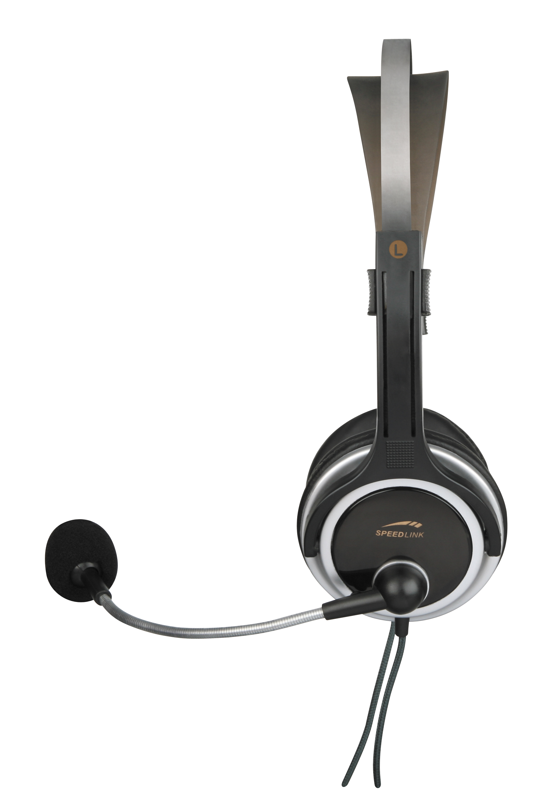 Seitliche Ansicht eines schwarzen SPEEDLINK Headsets mit Mikrofon und Kabel, ideal für Gaming und Kommunikation