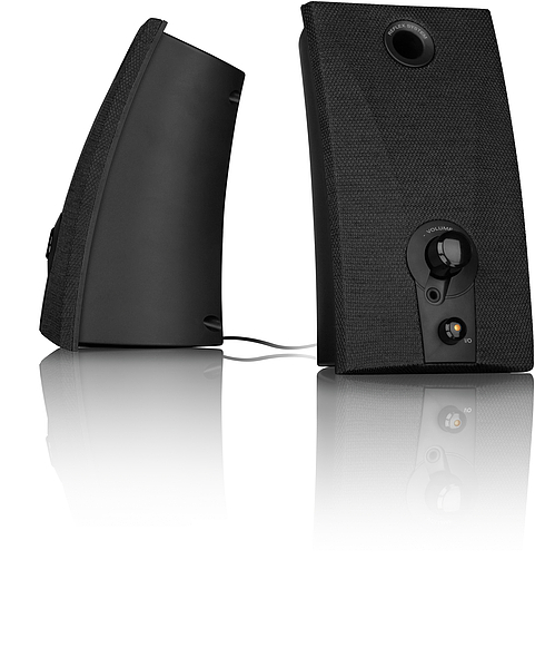 Zwei schwarze PC-Lautsprecher mit Lautstärkeregler und klassischem Design, verbunden durch ein Kabel