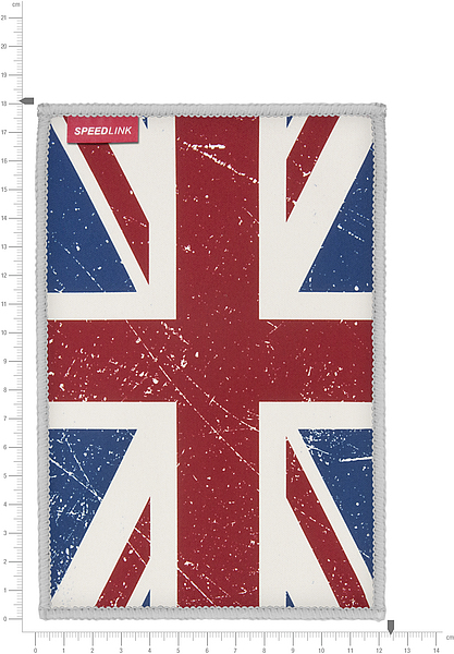 Mauspad mit britischer Flagge (Union Jack) und Speedlink-Logo, rechteckig, auf Millimeterskala abgebildet