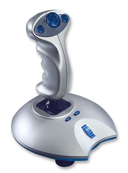 Silber-blauer Joystick mit mehreren Tasten für Computerspiele und Flugsimulationen
