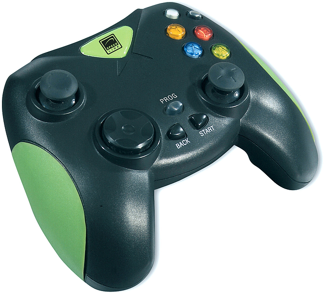 Schwarzer Wireless-Gamecontroller mit grünen Griffen, zwei Analogsticks, diversen Tasten und Programmierfunktion