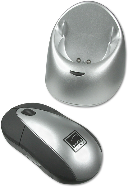 Abbildung einer kabellosen Speedlink Maus mit passender silberner Ladestation