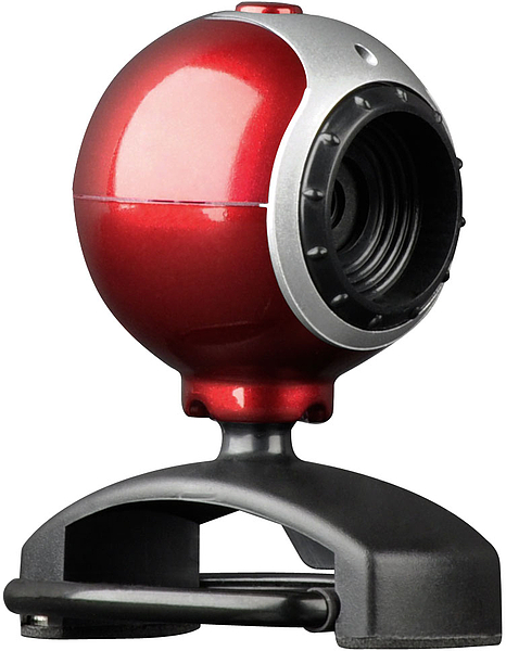 Rote Webcam mit schwarzem Standfuß, geeignet für Videoübertragungen am Computer