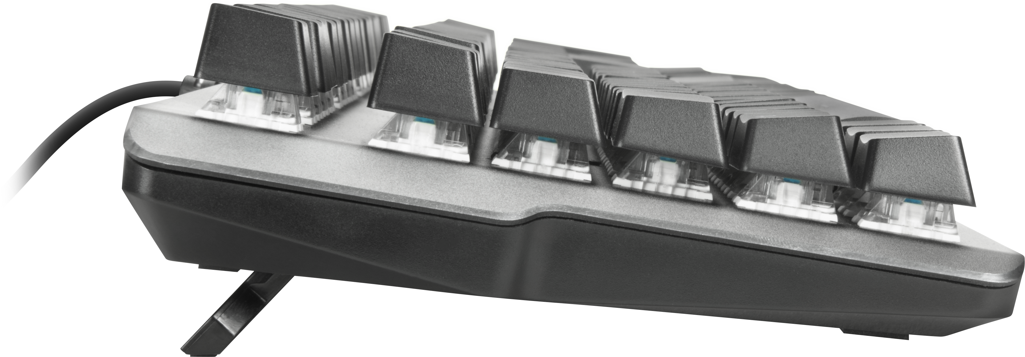 Mechanische Tastatur in Seitenansicht, zeigt die hervorgehobenen Tasten und Schalter