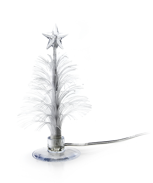 Weißer, künstlicher Mini-Weihnachtsbaum aus Faseroptik mit leuchtendem Stern auf einem runden Sockel