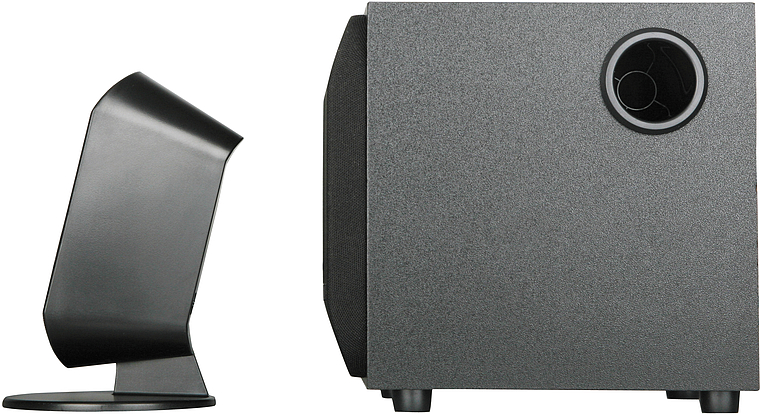 Seitliche Ansicht eines modernen schwarzen Lautsprechers und eines Subwoofers für Computer oder Musiksysteme