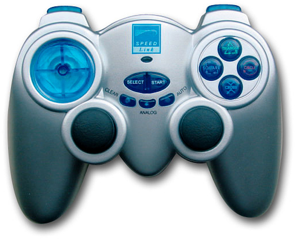 Abbildung eines silber-blauen Speedlink Gamepad Controllers mit zwei Analogsticks, Steuerkreuz und mehreren Tasten