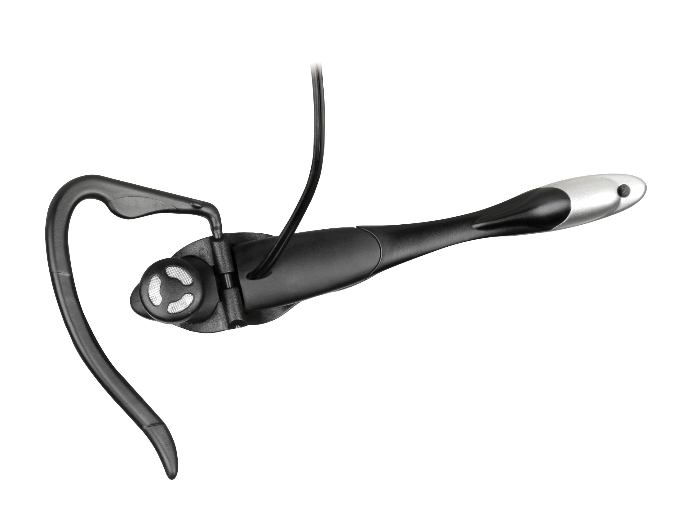 Schwarzes Headset mit flexiblem Ohrbügel und integriertem Mikrofon, geeignet für Telefon- und Computeranwendungen