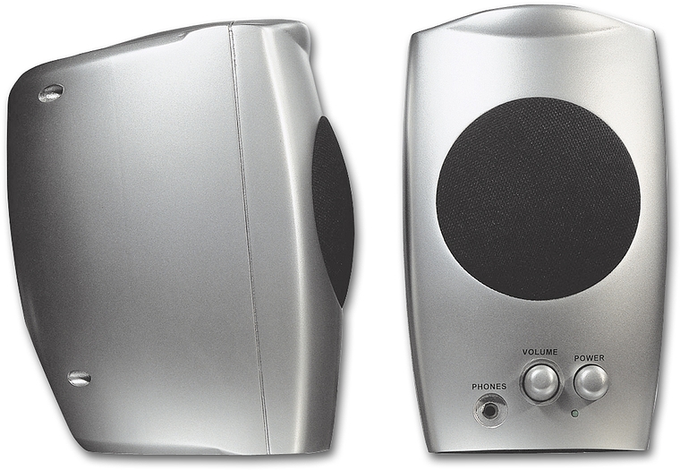 Zwei Ansichten eines silbernen Lautsprechers, vorne mit Lautstärkeregler, Einschaltknopf und Kopfhöreranschluss