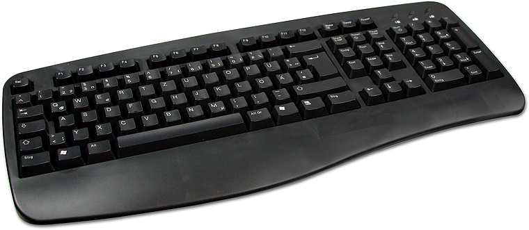 Schwarze ergonomische Tastatur mit deutschem QWERTZ-Layout für den PC, ideal für komfortables Arbeiten am Computer