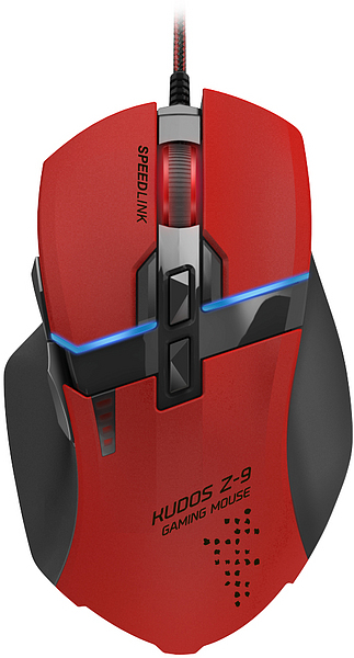 Abbildung der SPEEDLINK Kudos Z-9 Gaming-Maus in Rot-Schwarz mit blauer LED-Beleuchtung und seitlichen Tasten