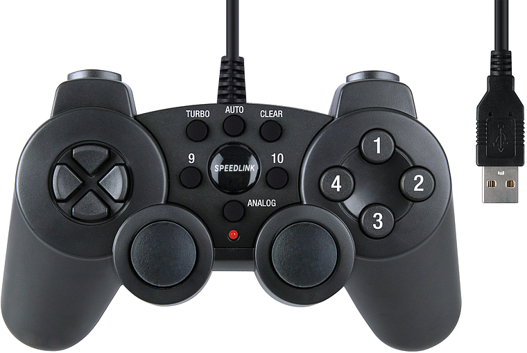 Schwarzes SPEEDLINK USB Gamepad mit Analogsticks, Steuerkreuz und Funktionstasten für Computer