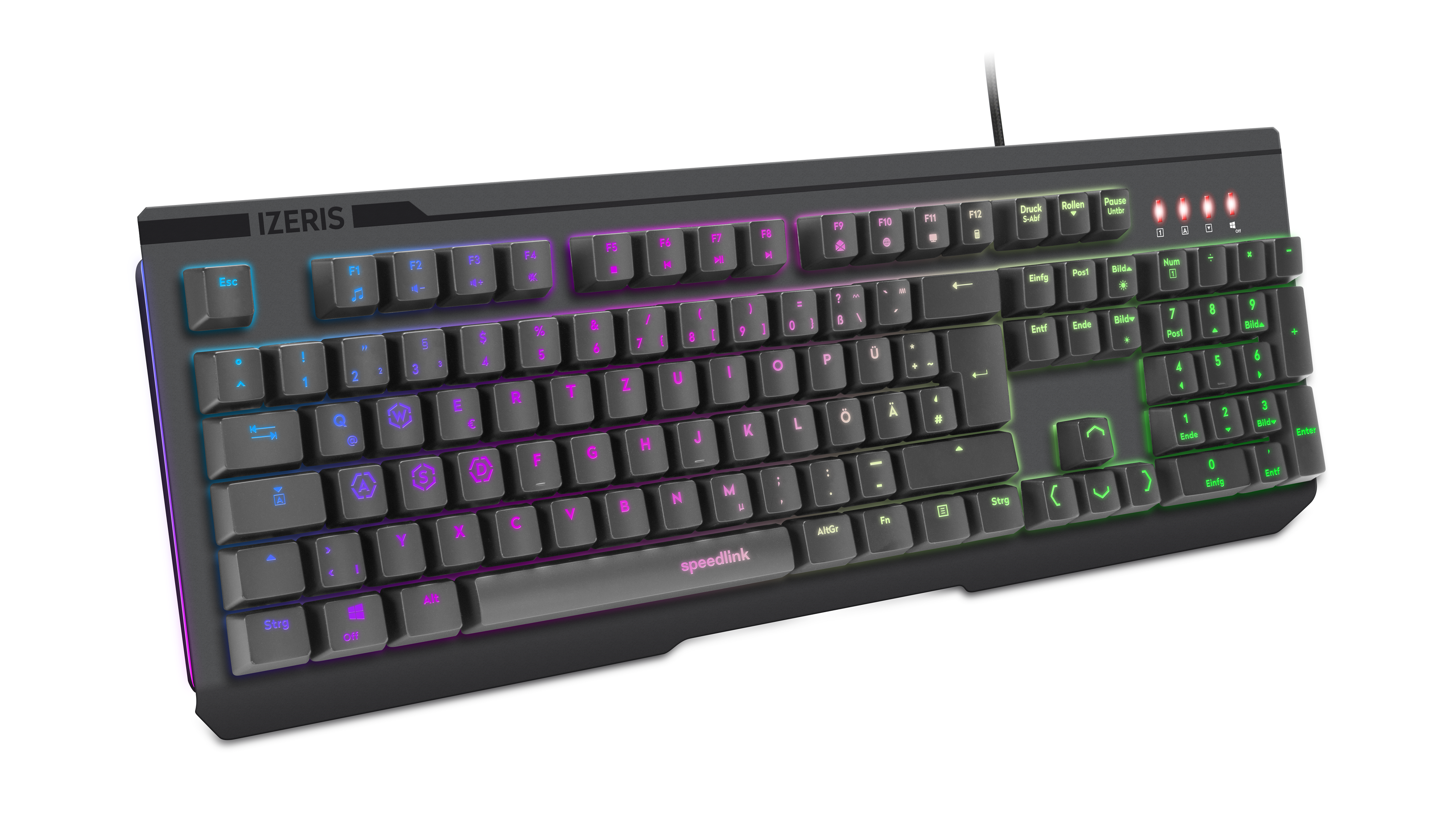 Abgebildet ist eine IZERSIS Gaming-Tastatur mit RGB-Beleuchtung, deutschem QWERTZ-Layout und integriertem Ziffernblock.