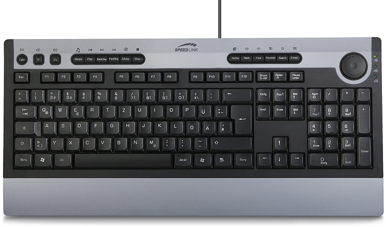 Kabelgebundene SPEEDLINK Tastatur mit Medientasten und deutschem QWERTZ-Layout in Silber-Schwarz von oben fotografiert