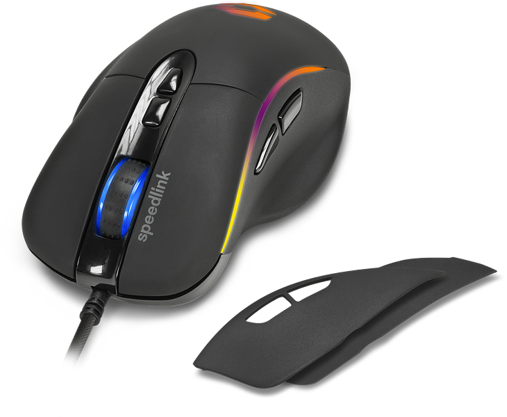 Schwarze Speedlink Gaming-Maus mit mehreren Tasten, beleuchtetem Mausrad und abnehmbarem Seitenteil