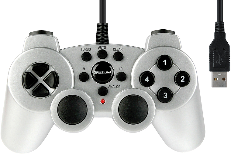 Silbernes USB Gamepad von Speedlink mit zwei Analog-Sticks, vier Haupttasten und Steuerkreuz für Computer