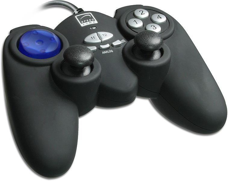 Schwarzes Speedlink Gamepad mit zwei Analogsticks, blauer Steuerkreuz-Scheibe und nummerierten Tasten für PC-Gaming