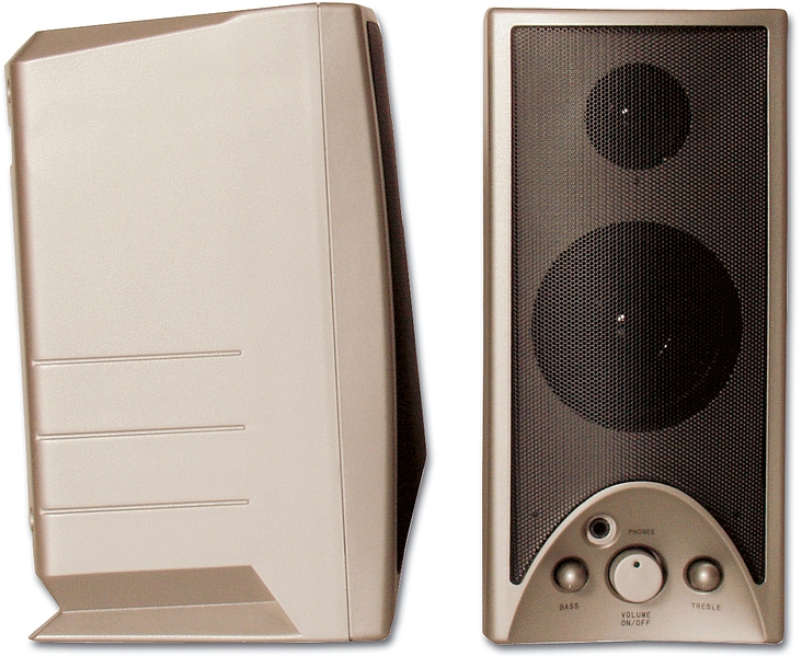 Zwei beige PC Lautsprecherboxen, eine davon mit sichtbarem Lautsprechergitter, Lautstärkeregler sowie Bass- und Höhenregler