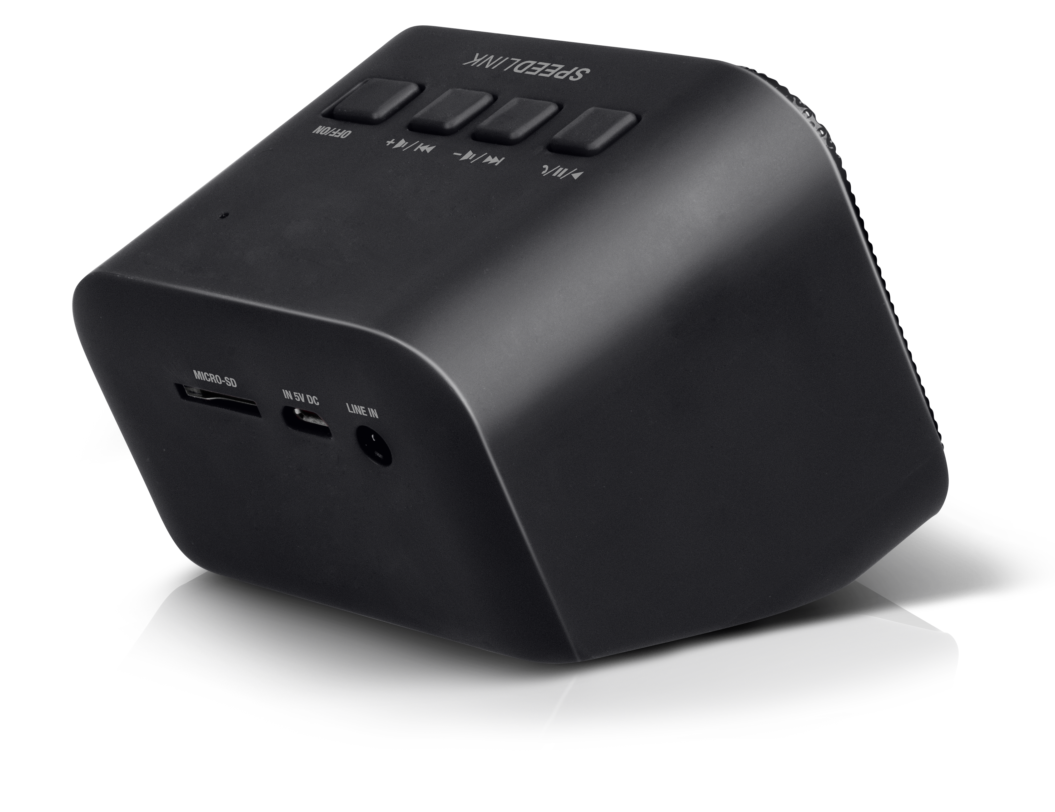 Schwarzer Bluetooth-Lautsprecher mit Tasten und Anschlüssen für Micro-SD, USB-C und Line-In