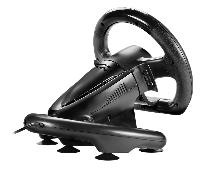 Schwarzes Gaming-Lenkrad mit Saugnäpfen und Kabel für PC oder Konsole, geeignet für Rennspiele