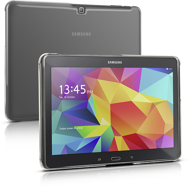 Abgebildet ist ein Samsung Galaxy Tab mit farbenfrohem Display und schützendem Case, Vorder- und Rückseite sichtbar
