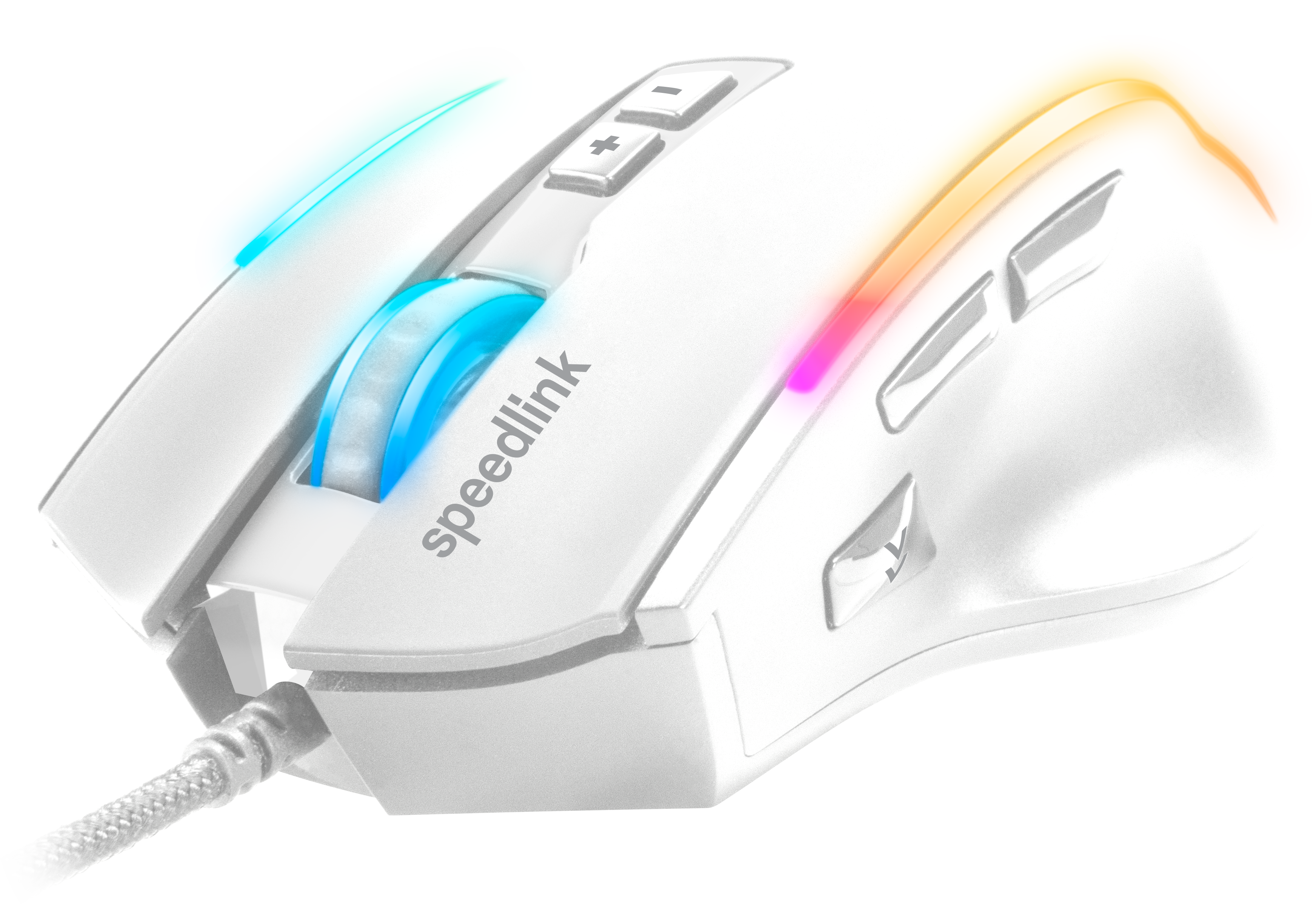 Abbildung einer weißen Speedlink Gaming-Maus mit RGB-Beleuchtung und mehreren Seitentasten
