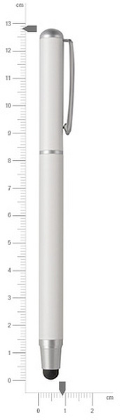 Silberner Touchpen mit Clip, neben einem Maßband zur Längenanzeige von etwa 13 cm dargestellt