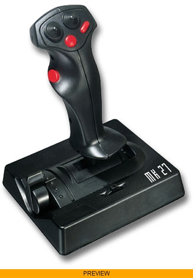 Schwarzer Joystick MK-27 mit roten Tasten und robuster Basis, geeignet für Flugsimulatoren und Computerspiele