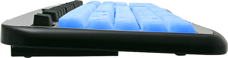 Ergonomische Computertastatur mit blauen Tasten in Seitenansicht