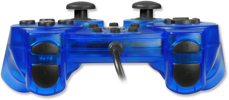 Blauer Gamecontroller mit Kabel, zwei Joysticks und mehreren Tasten von vorne fotografiert