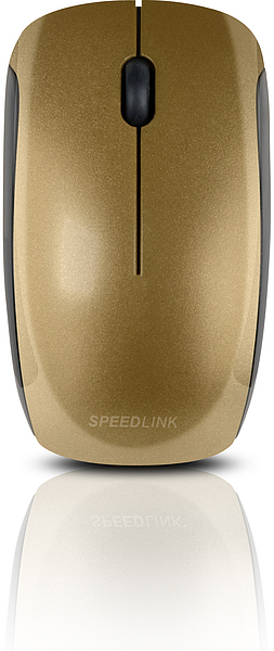 Goldene SPEEDLINK Funkmaus mit ergonomischer Form und zwei Tasten, von oben fotografiert