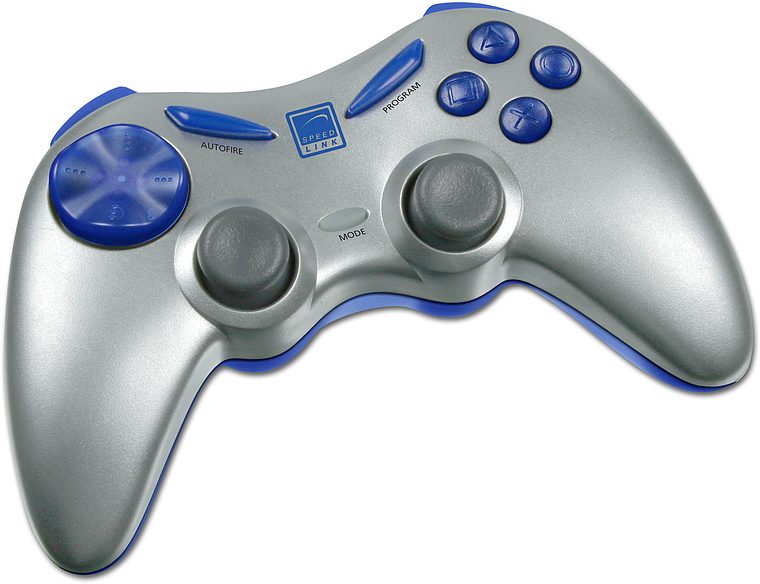 Abbildung eines silber-blauen Speedlink Gamepads mit zwei Analogsticks und mehreren Funktionstasten