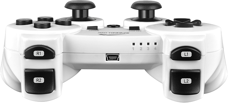 Vorderansicht eines weißen Gamecontrollers mit R1, R2, L1, L2 Tasten und Dual-Analogsticks